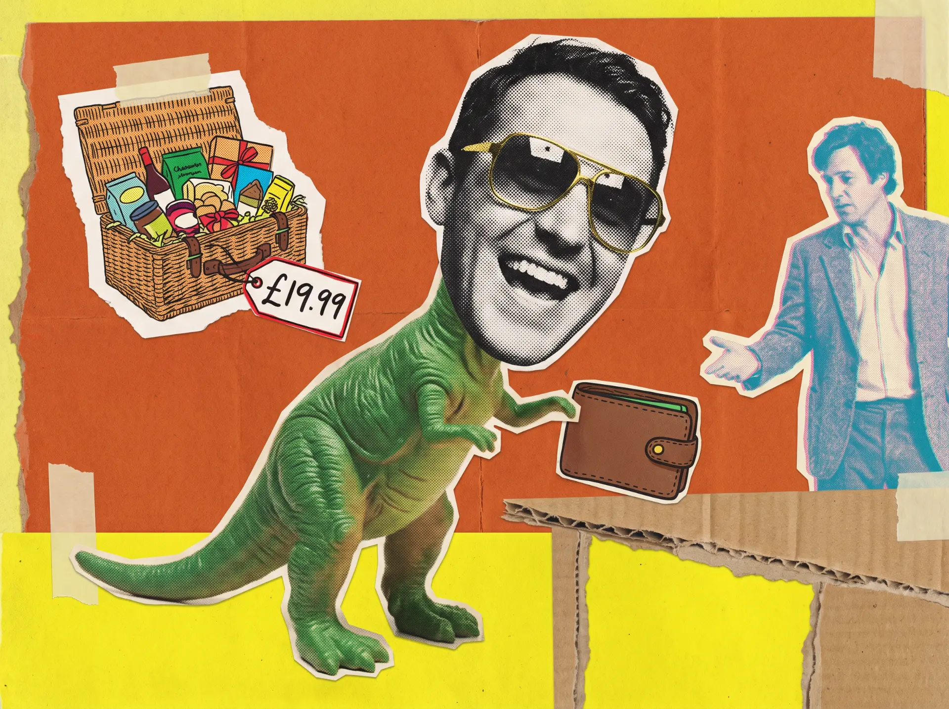 T-rex di plastica verde con braccia corte che non arriva al portafoglio, collage ritagliato stile zine