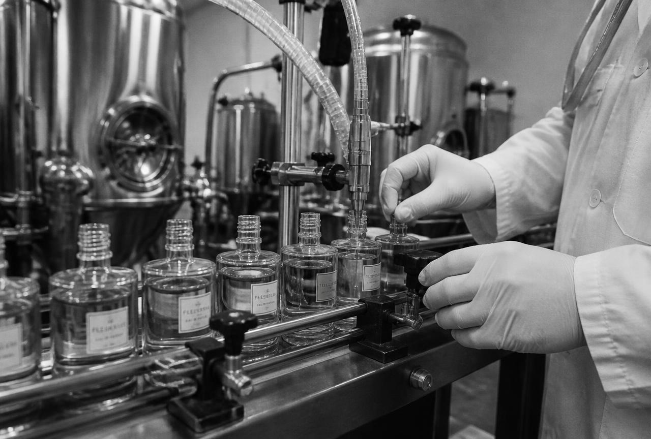 Linea di riempimento di flaconi di profumo, fotografia in bianco e nero