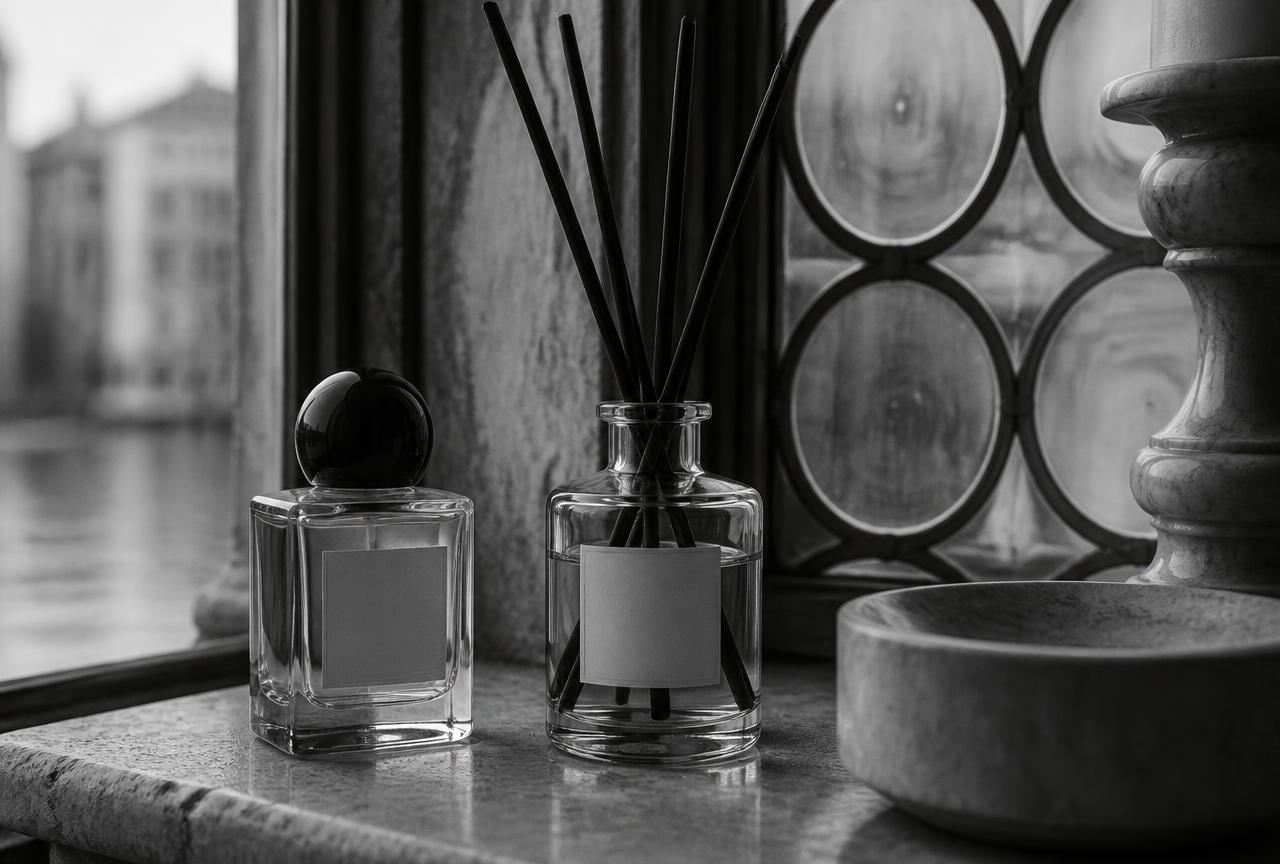 Flacone di profumo e diffusore a bastoncini su marmo veneziano, fotografia in bianco e nero